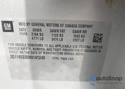 2017 Chevrolet Impala 2Lz from USA, damaged, VIN 2G1145S35H9141248